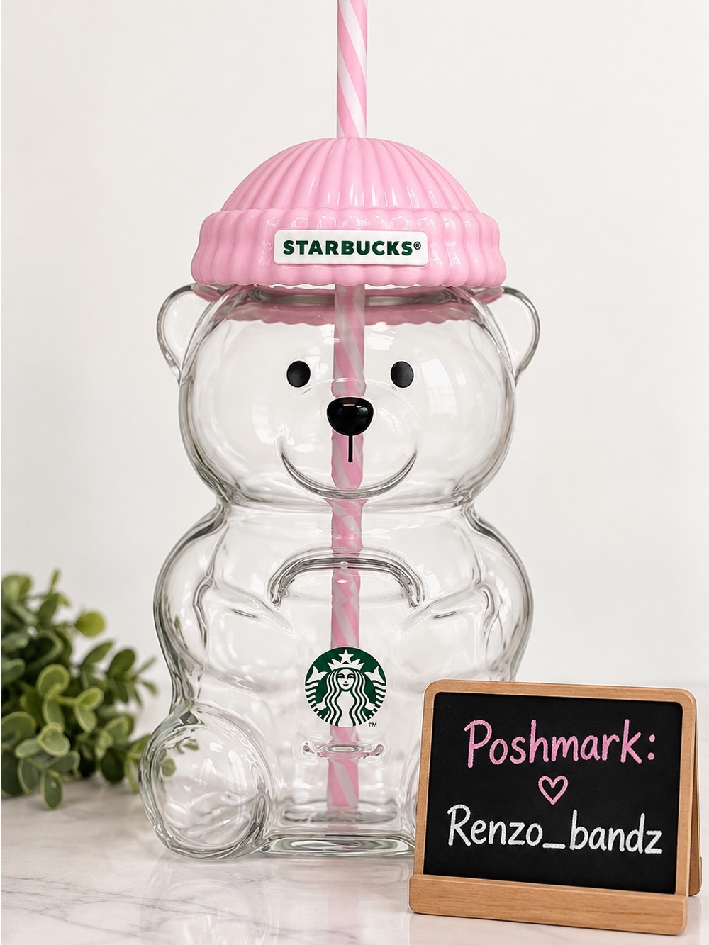 Starbucks Clear Bear Cup with Pink Lid and Striped Straw